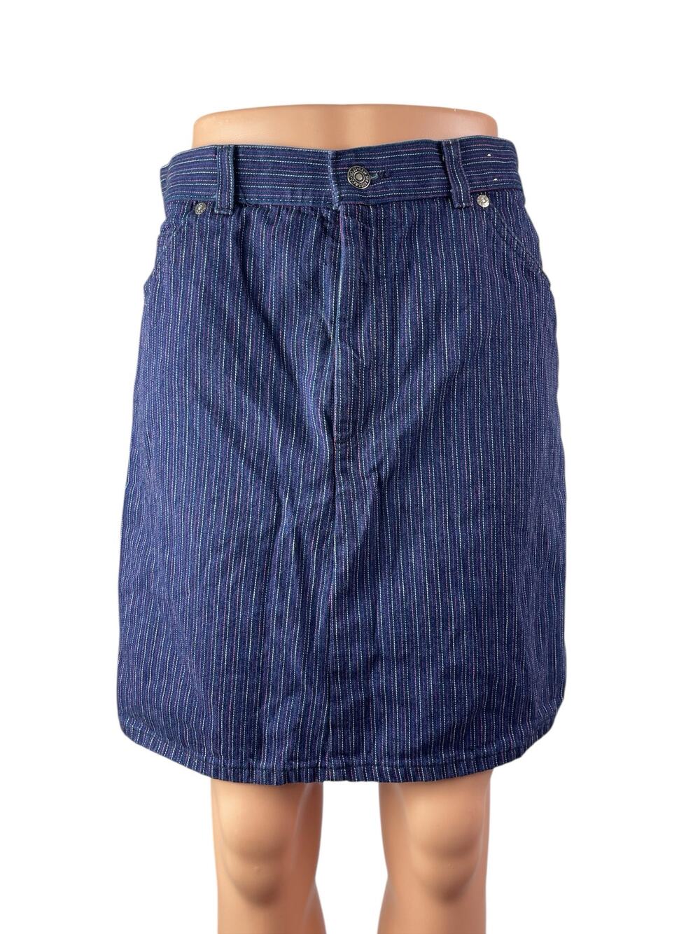 Vintage Levi's Women's Blue Striped High Rise Mini Straight A-Line Denim Skirt M
